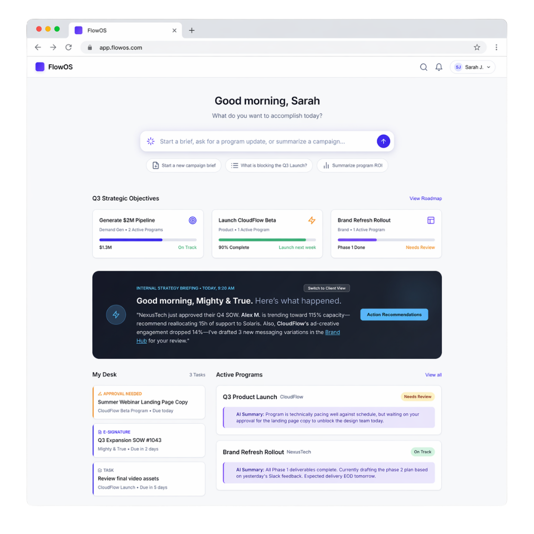 FlowOS dashboard — live workstreams and pipeline attribution